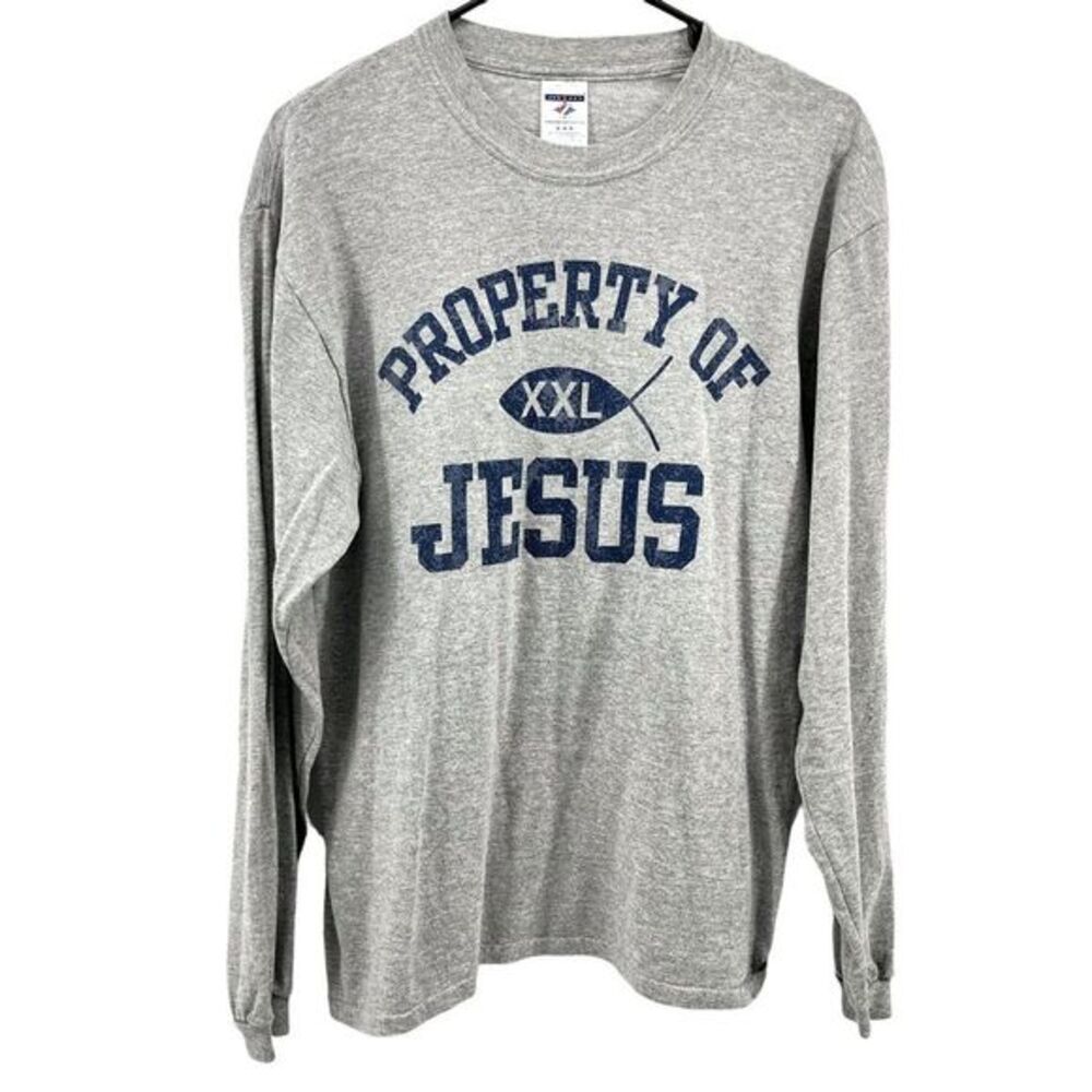 Mens Jesus Long Sleeve Shirt Heavy Weight Cotton ‘Property of Jesus’ Gray Medium